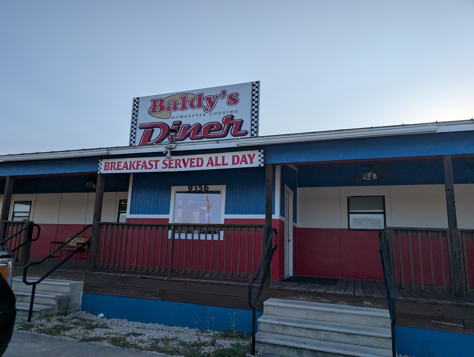 Baldy's American Diner storefront at dusk